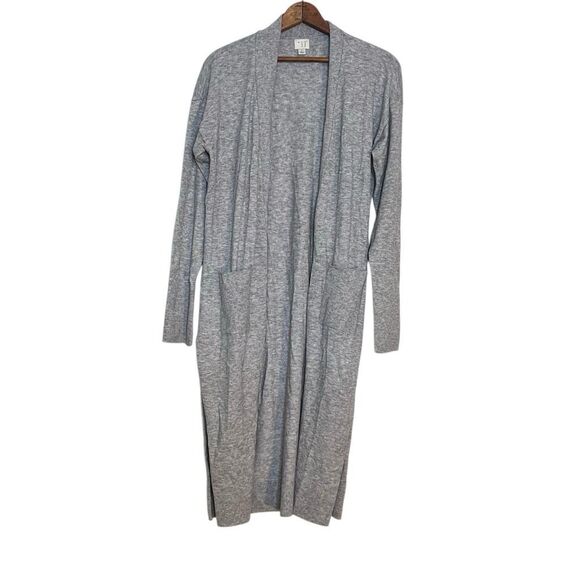 A New Day Heather Ribbed Trim Open Front Long Sleeve Duster Cardigan Gray Large - Picture 2 of 8